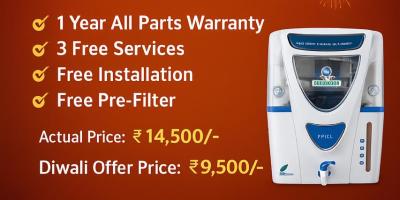 Diwali special offer on Alkaline Water Purifier by Sunrise Global India with free installation, services, and discount price ₹9,500.