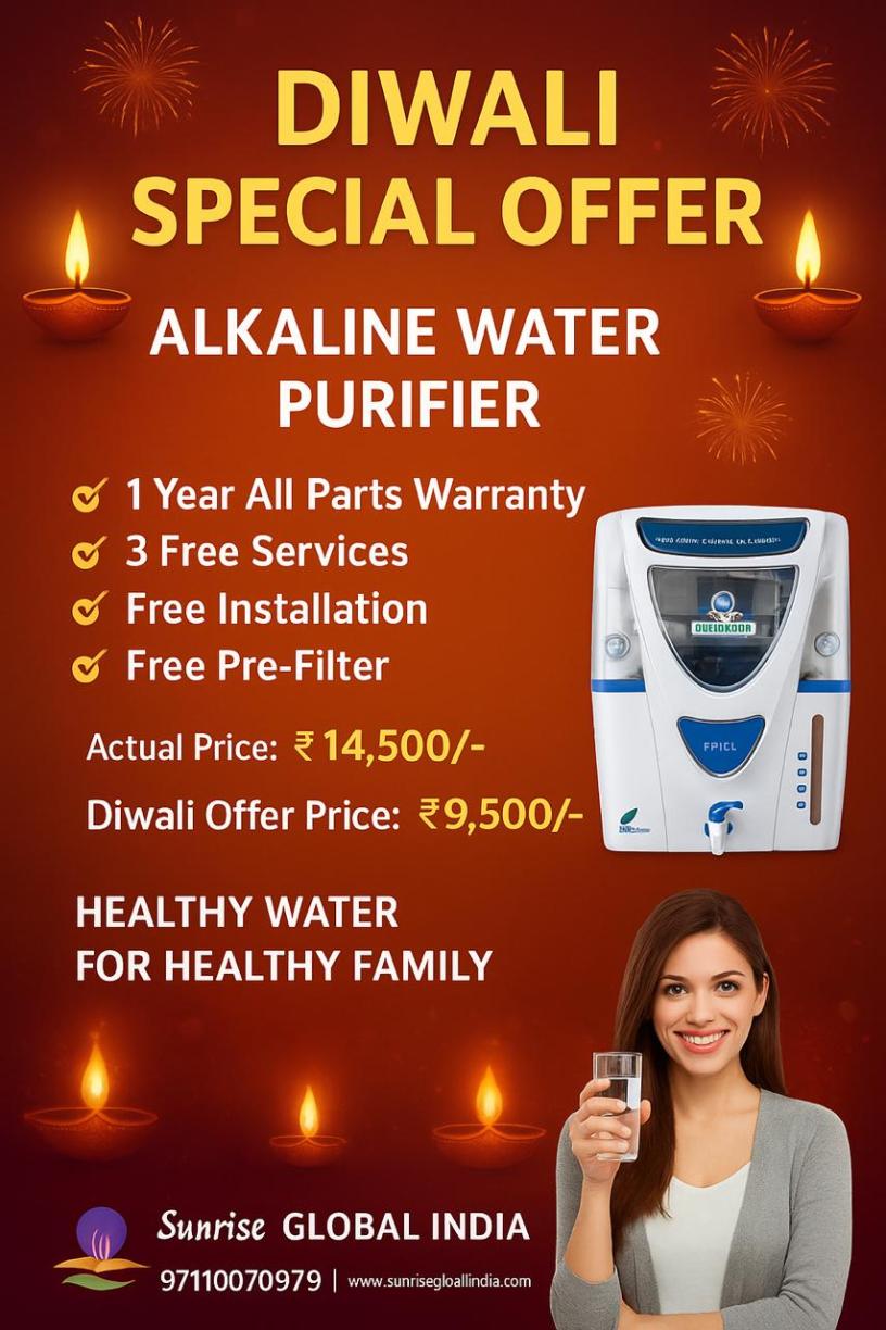 Diwali special offer on Alkaline Water Purifier by Sunrise Global India with free installation, services, and discount price ₹9,500.