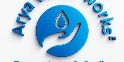 A 3D blue logo of Arya Water Works featuring a hand holding a water droplet, symbolizing purity and safety, with the tagline “Pure water, safe family.