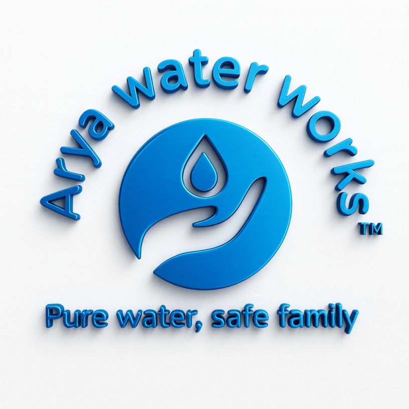 A 3D blue logo of Arya Water Works featuring a hand holding a water droplet, symbolizing purity and safety, with the tagline “Pure water, safe family.